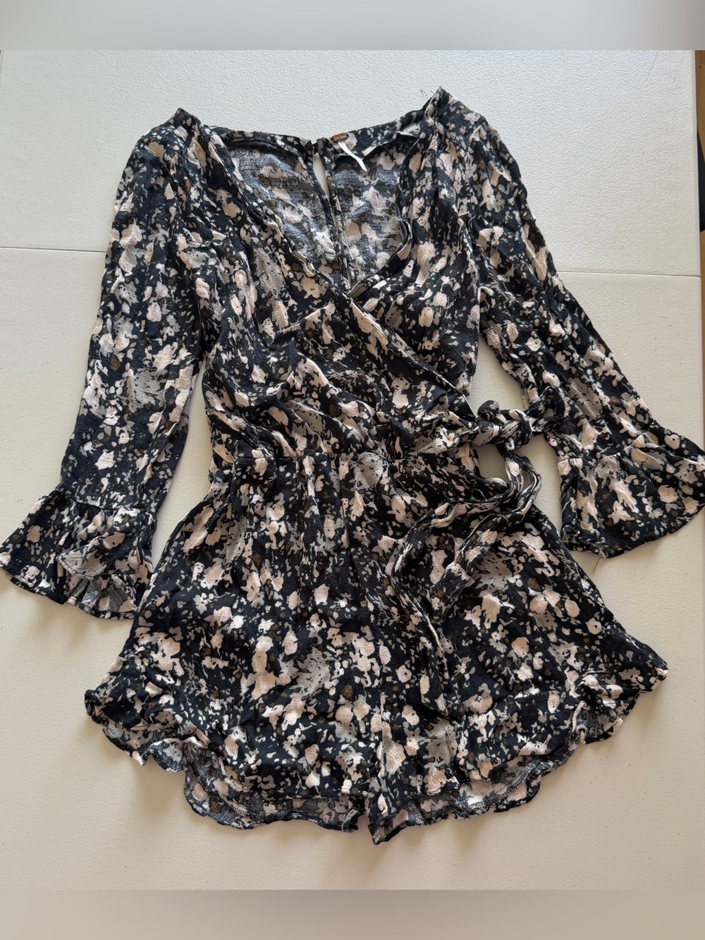 Free People Happy Days Floral Print Wrap Romper Black Cream Bell Sleeve Medium M